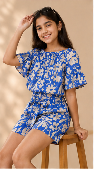 Girls Blue Floral Off-Shoulder Co-Ord Set – Summer Printed Top & Shorts