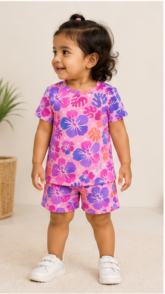 Tropical Floral Kids Co-Ord Set – Pink & Purple Hibiscus Printed T-Shirt & Shorts for Girls