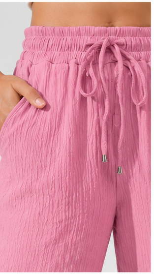 Pink Wide Leg Palazzo Pants for Women | Elastic Waist Crinkle Lounge Trousers
