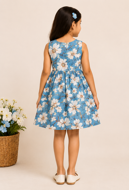 Girls Dusty Blue Floral Print Fit & Flare Dress (Sleeveless)