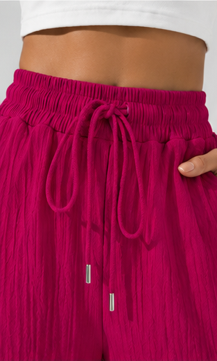 Fuchsia Pink Wide Leg Palazzo Pants for Women | Drawstring Elastic Waist Lounge Trousers