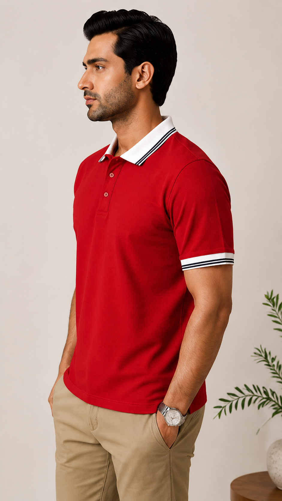 Men’s Premium Red Polo T-Shirt with White Contrast Collar & Sleeve Stripes