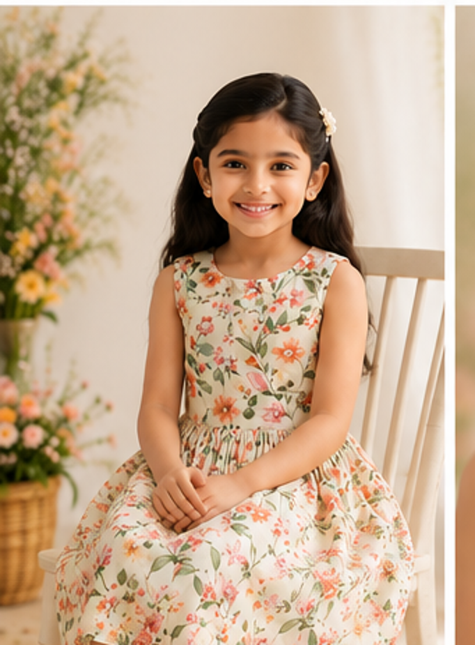 Girls Cream Floral Print Fit & Flare Dress (Sleeveless)