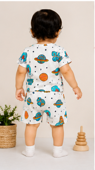 Space Rocket Print Kids Co-Ord Set – Blast Off Cotton T-Shirt & Shorts for Girls