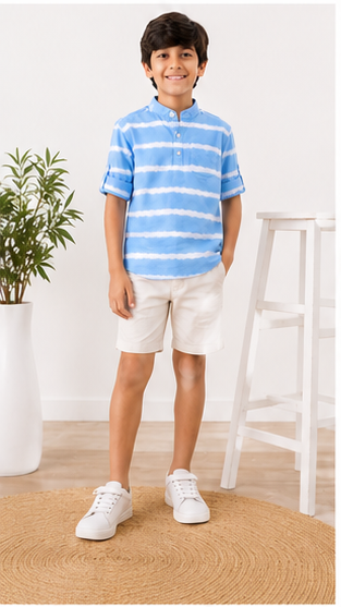 Boys Sky Blue Tie-Dye Striped Mandarin Collar Shirt (Full Sleeve)