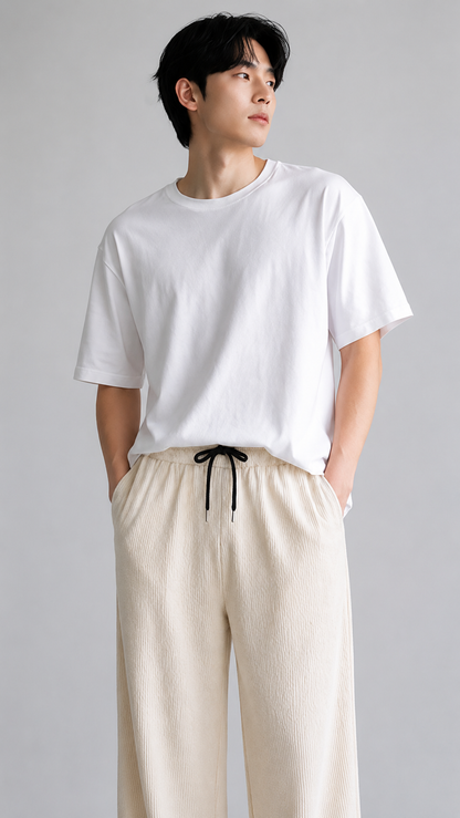 Horcun Men's Ivory Corduroy Drawstring Trousers | Premium Casual Pants