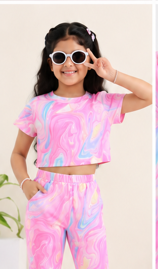 Girls Pink Marble Tie Dye Co-Ord Set | Kids Crop Top & Flared Pants Outfit | Trendy Western Wear for Girls