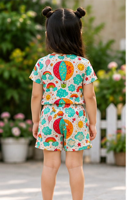 Rainbow Sky Balloon Print Kids Co-Ord Set – Cute Cloud & Sun Graphic T-Shirt & Shorts for Girls