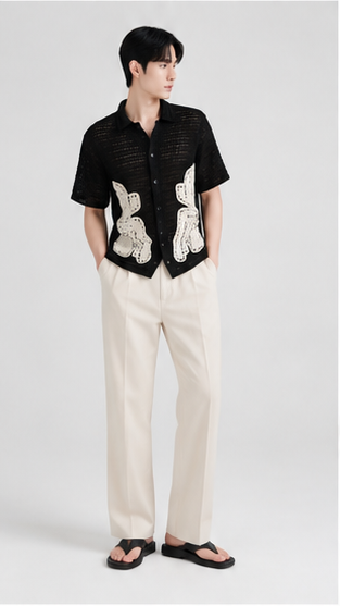 Men's Black Crochet Abstract Floral Shirt – Premium Handmade Open Knit Resort Wear Shirt