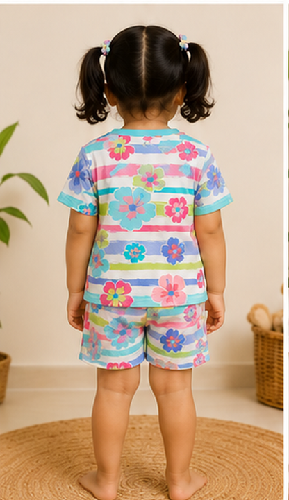 Floral Stripe Kids Co-Ord Set – Multicolor Flower Printed T-Shirt & Shorts for Girls