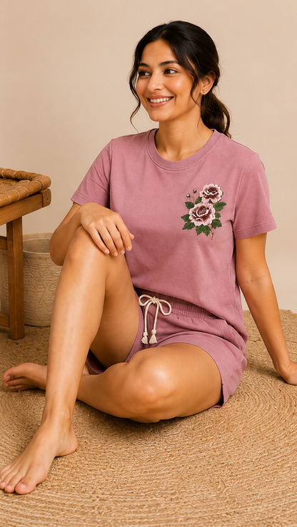 Women’s Dusty Pink Floral Embroidered Co-Ord Set – Casual T-Shirt & Shorts Lounge Wear
