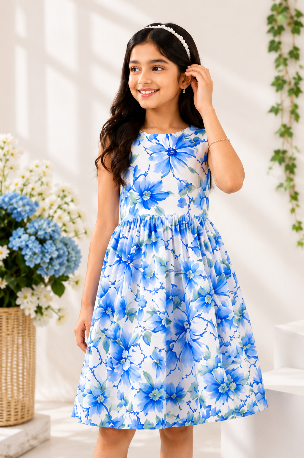 Girls White & Blue Floral Print Fit & Flare Dress (Sleeveless)