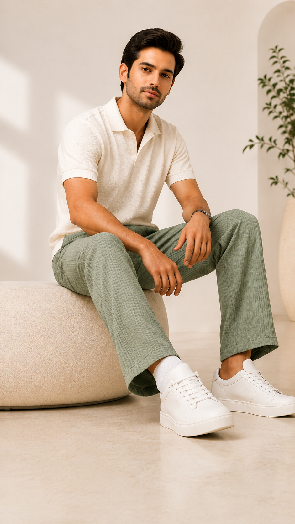 Pistachio Green Ribbed Track Pants for Men | Premium Relaxed Fit Textured Joggers with Zip Pockets