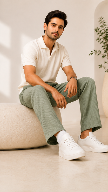 Pistachio Green Ribbed Track Pants for Men | Premium Relaxed Fit Textured Joggers with Zip Pockets