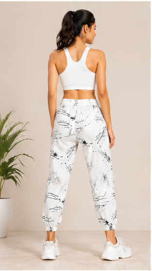 Women White Abstract Printed Joggers – Stylish Casual Lounge & Streetwear Pants