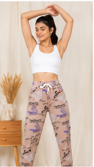 Women Beige Printed Joggers – Trendy Slim Fit Casual Lounge & Streetwear Pants