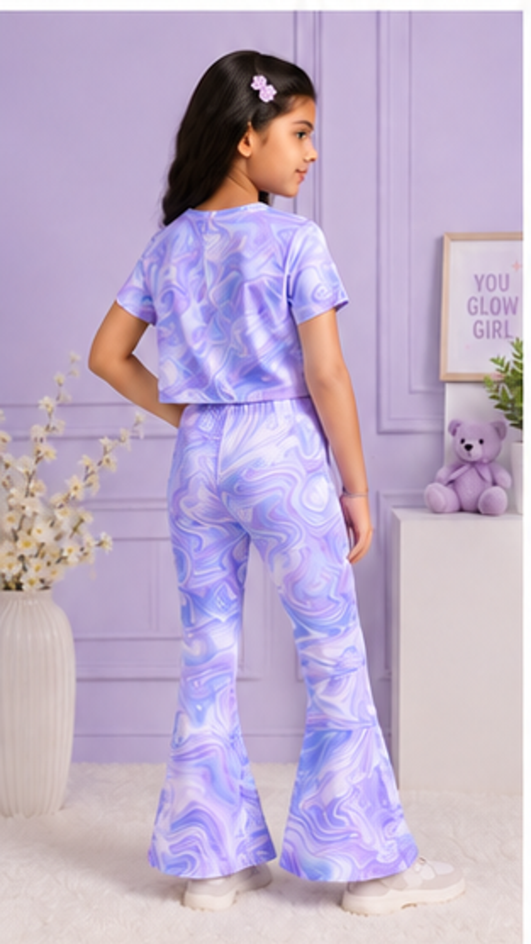 Girls Lilac Marble Co-Ord Set | Kids Crop Top & Flared Pants Outfit | Trendy Casual Wear for Girls