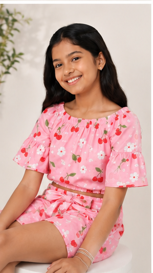 Girls Pink Cherry Print Off-Shoulder Co-ord Set with Tie-Up Shorts