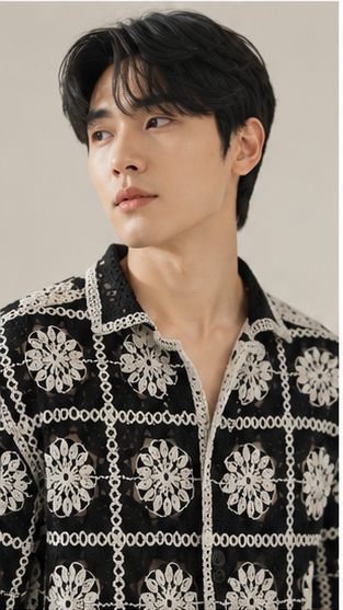Men's Black & White Crochet Floral Grid Shirt – Premium Handmade Knit Resort Wear Shirt