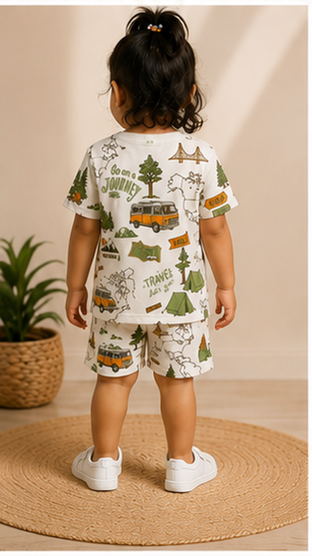 Adventure Travel Print Kids Co-Ord Set – Road Trip Cotton T-Shirt & Shorts for Girls
