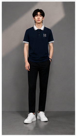 Men's Premium Navy Blue Polo T-Shirt with White Contrast Collar | Smart Casual Half Sleeve Polo
