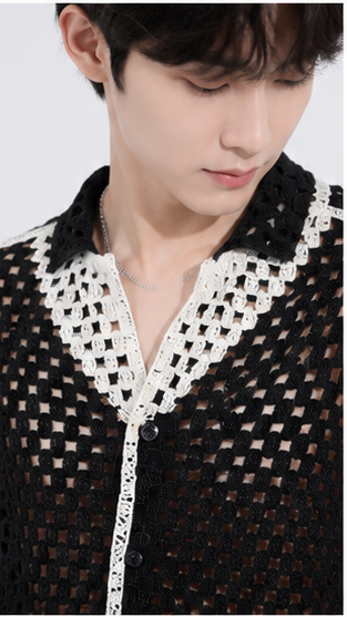 Men's Black Open Mesh Crochet Shirt – Premium Handmade Resort Wear Knit Shirt
