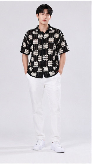 Men's Black & White Geometric Crochet Knit Shirt – Premium Handmade Resort Wear Shirt