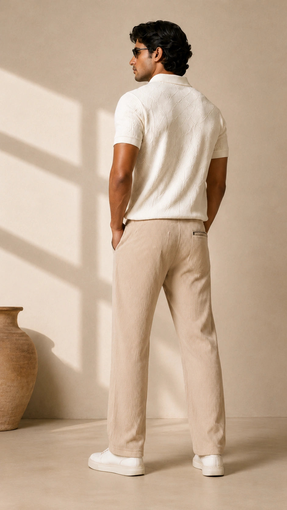Off White Ribbed Track Pants for Men | Premium Relaxed Fit Textured Joggers with Zip Pockets