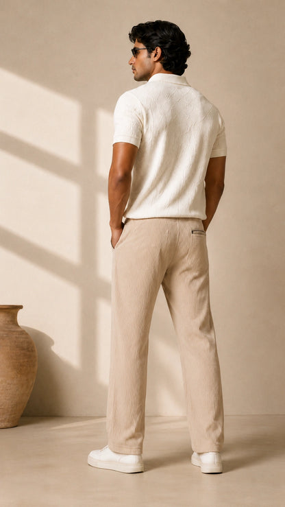 Off White Ribbed Track Pants for Men | Premium Relaxed Fit Textured Joggers with Zip Pockets