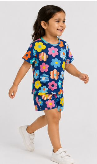 Colorful Floral Print Kids Co-Ord Set – Navy Blue Multicolor Flower T-Shirt & Shorts for Girls