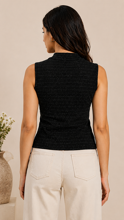 Women’s Premium Black Mock Neck Sleeveless Top – Slim Fit Ribbed Casual Wear