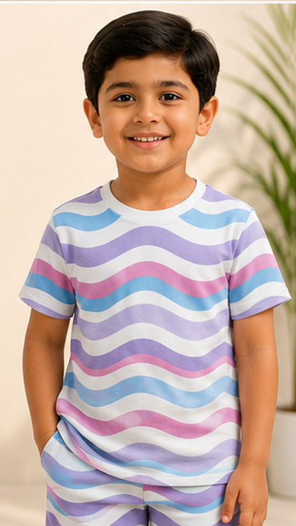 Pastel Wave Stripe Kids Co-Ord Set – Soft Cotton T-Shirt & Shorts Summer Outfit for Boys & Girls