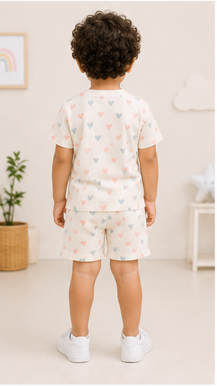 Pastel Heart Print Kids Co-Ord Set – Soft Cotton T-Shirt & Shorts Summer Outfit for Boys & Girls
