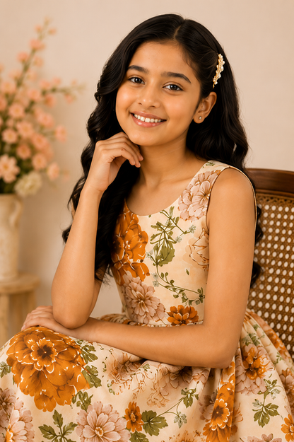 Girls Beige Floral Print Fit & Flare Dress (Sleeveless)