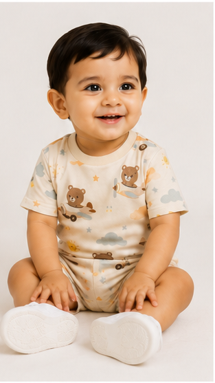 Cute Teddy Airplane Print Kids Co-Ord Set – Soft Cotton T-Shirt & Shorts Summer Outfit for Boys & Girls