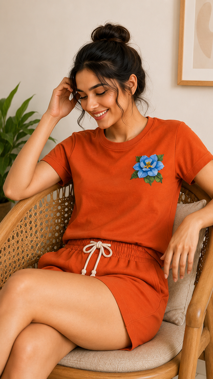 Women’s Burnt Orange Floral Embroidered Co-Ord Set – Casual T-Shirt & Shorts Lounge Wear
