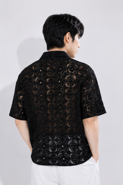 Men's Black Crochet Lace Knit Shirt – Premium Handmade Open Knit Resort Shirt