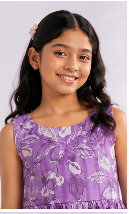 Girls Floral Fit & Flare Dress – Lavender Purple with Botanical Print