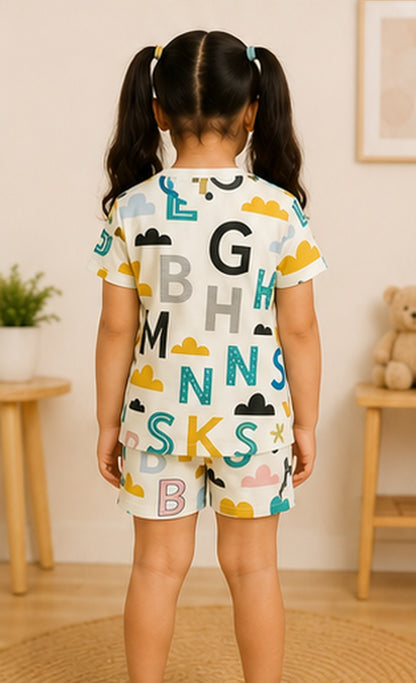 Alphabet Print Kids Co-Ord Set – Educational Cotton T-Shirt & Shorts Set