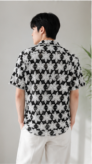 Men's Black & White Crochet Floral Knit Shirt – Handmade Luxury Resort Wear Shirt