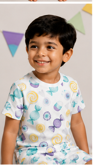 Kids Candy Print Co-ord Set | Cute Lollipop & Sweet Treat T-Shirt & Shorts Summer Outfit for Boys & Girls