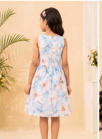 Girls Floral Fit & Flare Dress – Sky Blue with Soft Blossom Print