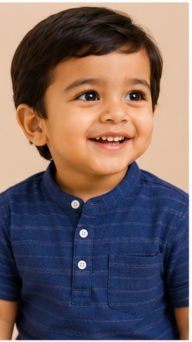 Boys Navy Blue Striped Mandarin Collar Shirt (Full Sleeve)