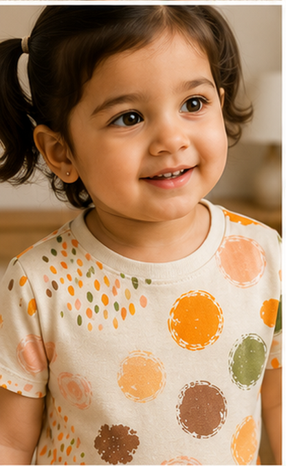 Abstract Polka Dot Kids Co-Ord Set – Soft Cotton Printed T-Shirt & Shorts for Girls