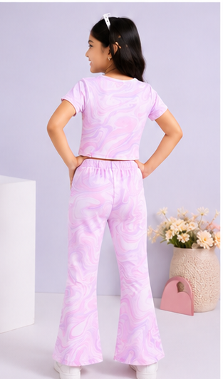 Girls Pastel Marble Co-Ord Set | Kids Crop Top & Flared Pants Outfit | Stylish Casual Wear for Girls