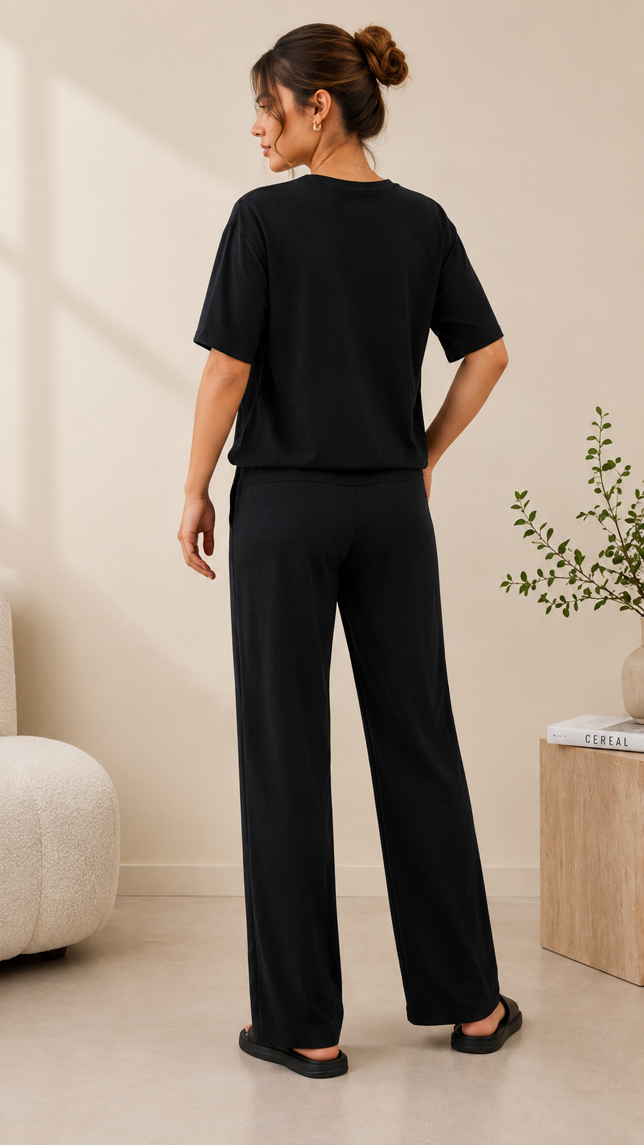 Women’s Black Co-ord Lounge Set | Premium Relaxed Fit T-Shirt & Straight Pants Set
