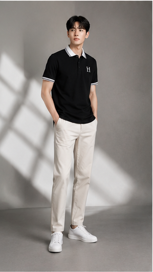 Men's Premium Black Polo T-Shirt with White Contrast Collar | Classic Casual Half Sleeve Polo
