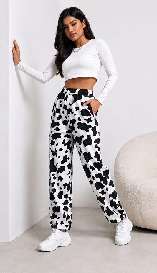 Women Black White Cow Print Pants – Stylish Wide Leg Casual Streetwear Trousers
