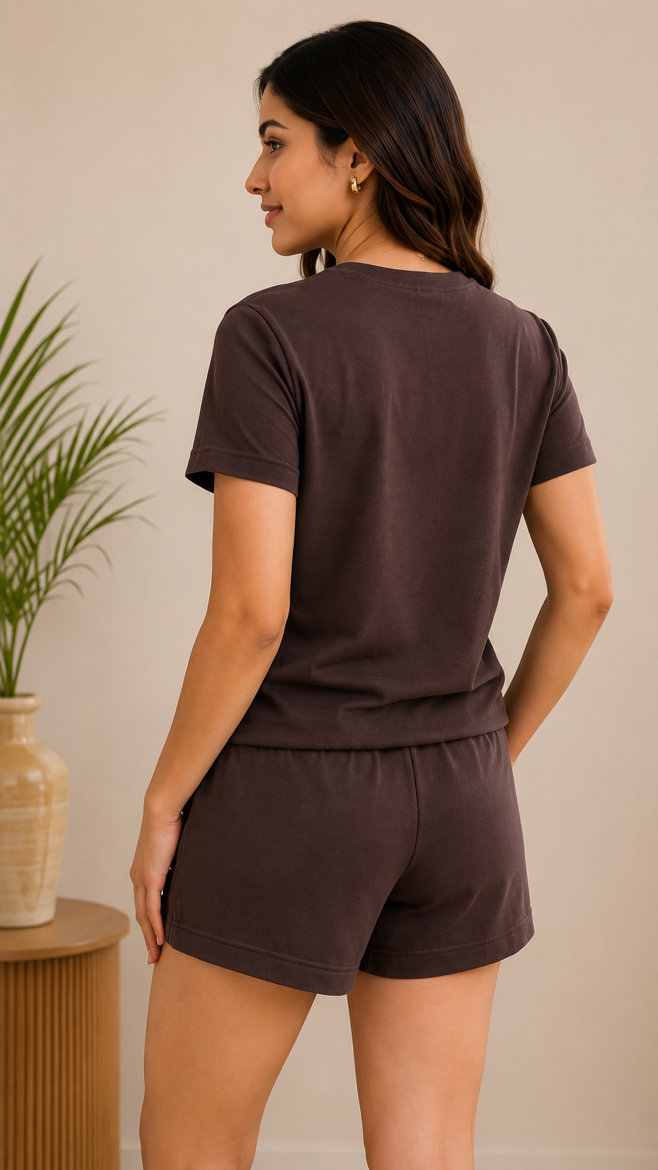 Women’s Coffee Brown Floral Embroidered Co-Ord Set – Casual T-Shirt & Shorts Lounge Wear