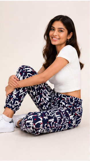 Women Navy Blue Printed Joggers – Stylish Slim Fit Casual Lounge & Streetwear Pants